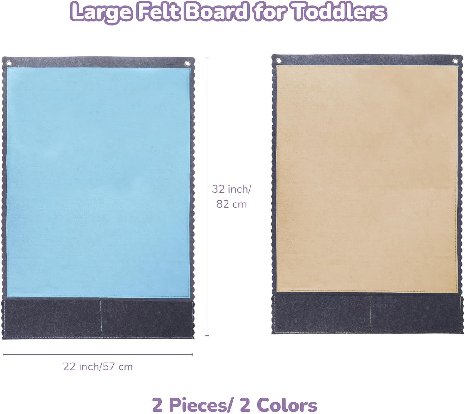 CHEFAN 2 PCS Felt Board for Toddlers Large Flannel Board for Wall, Felt Stories Learning Board with 2 Storage Pocket for Preschool Classroom and Daycare, 32 * 22 Inch, Blue and Brown