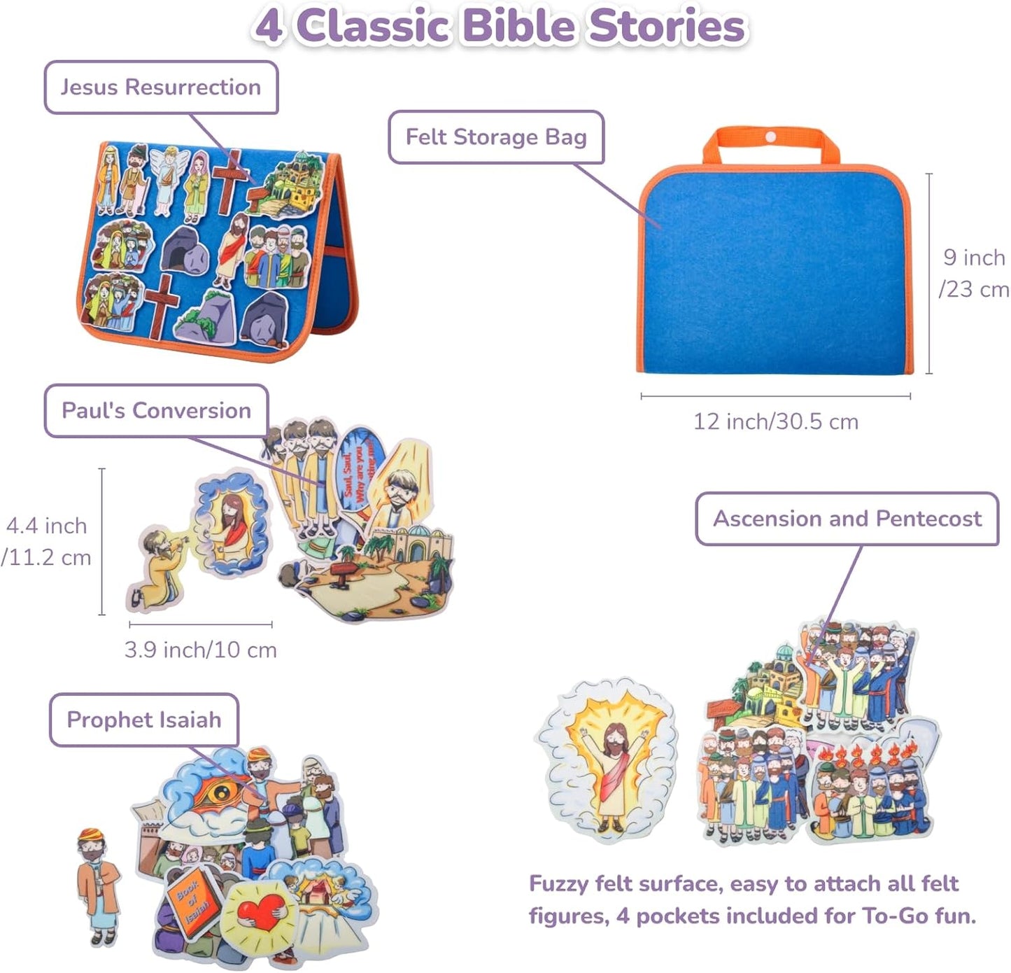 CHEFAN 4 Pack Felt Board Bible Stories Set, Flannel Board Stories, Nativity Flannel Graph Bible Toy for Kids, Include Jesus Resurrection, Ascension and Pentecost, Paul's Conversion, Prophet Isaiah