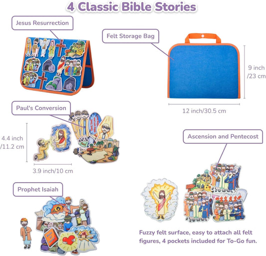 CHEFAN 4 Pack Felt Board Bible Stories Set, Flannel Board Stories, Nativity Flannel Graph Bible Toy for Kids, Include Jesus Resurrection, Ascension and Pentecost, Paul's Conversion, Prophet Isaiah