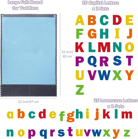 CHEFAN Felt Board with 104 Felt Letters for Toddlers Large Flannel Board for Wall, Felt Alphabet Learning Board with 2 Storage Pocket for Preschool Classroom and Daycare, 32 * 22 Inch, Blue