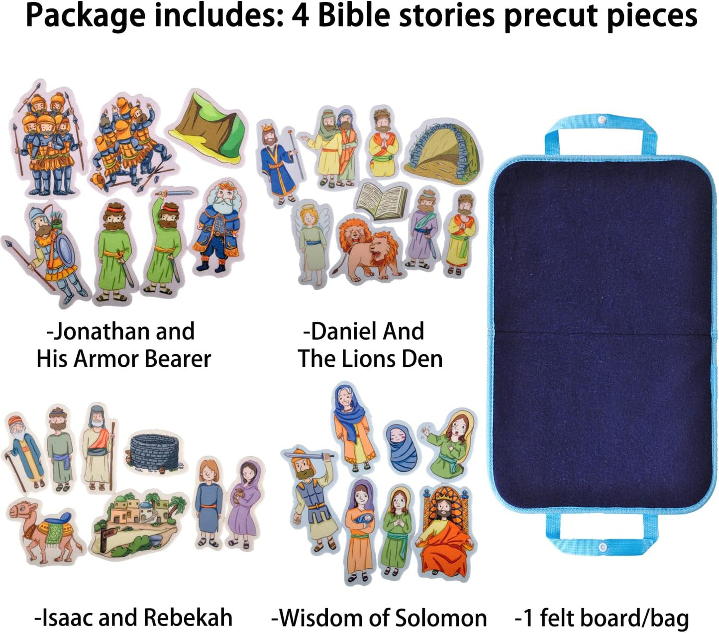 CHEFAN 4 Pack Felt Board Bible Stories Set, Flannel Board Stories Wisdom of Solomon|Jonathan and His Armor Bearer|Daniel and The Lions Den|Isaac and Rebekah,Precut Flannel Graph Bible Toys for Kids