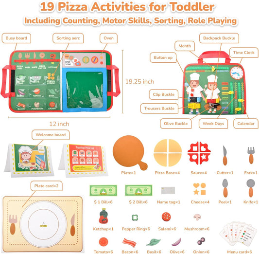 CHEFAN Felt Pizza Board for Toddlers, Pizza Counting Number Learning Toys, Pizza Busy Board, Pretend Pizza Play Food & Cutting Fake Food for Toddlers Boys Girls Birthday Gift