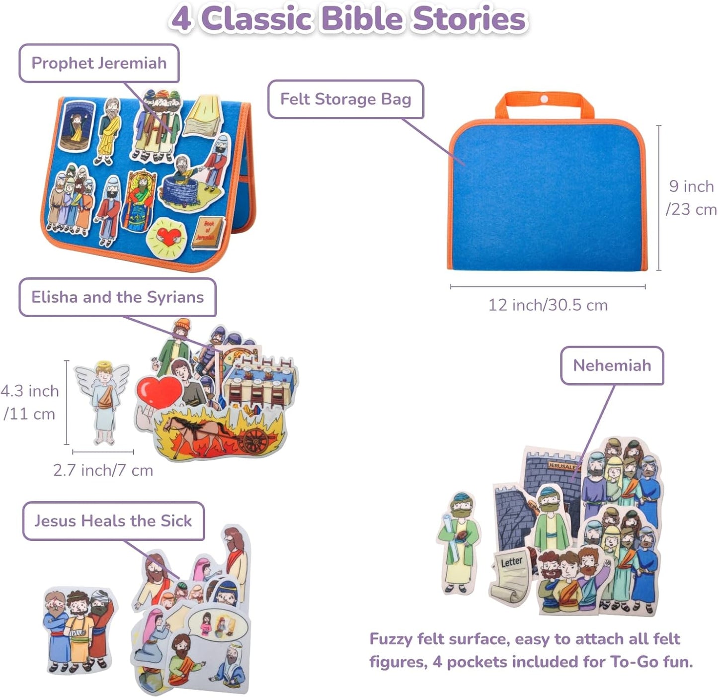 CHEFAN 4 Pack Felt Board Bible Stories Set, Flannel Board Stories,Precut Christian Flannel Graph Bible Toys for Kids, Include Prophet Jeremiah, Elisha and The Syrians, Nehemiah, Jesus Heals The Sick