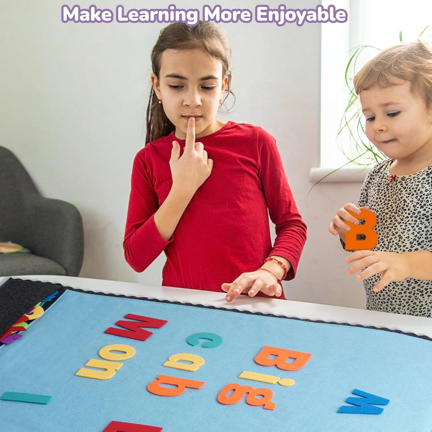 CHEFAN Felt Board with 104 Felt Letters for Toddlers Large Flannel Board for Wall, Felt Alphabet Learning Board with 2 Storage Pocket for Preschool Classroom and Daycare, 32 * 22 Inch, Blue