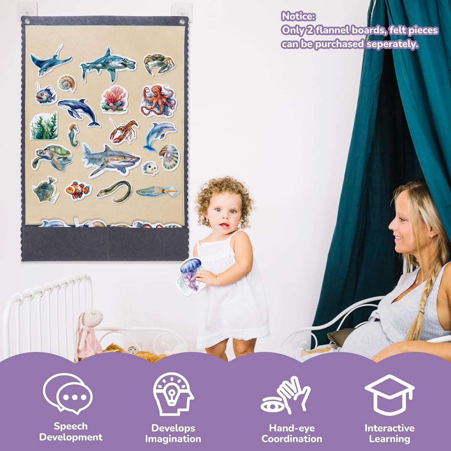 CHEFAN 2 PCS Felt Board for Toddlers Large Flannel Board for Wall, Felt Stories Learning Board with 2 Storage Pocket for Preschool Classroom and Daycare, 32 * 22 Inch, Blue and Brown