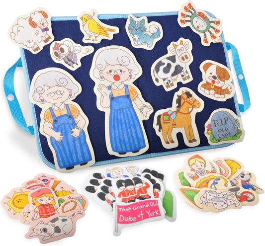 CHEFAN Felt/Flannel Board Story Set of 4, PRECUT Felt Pieces for Preschool Toddlers Circle Time,Old Lady Who Swallowed a Fly,The Grand Old Duke of York,Three Blind Mice