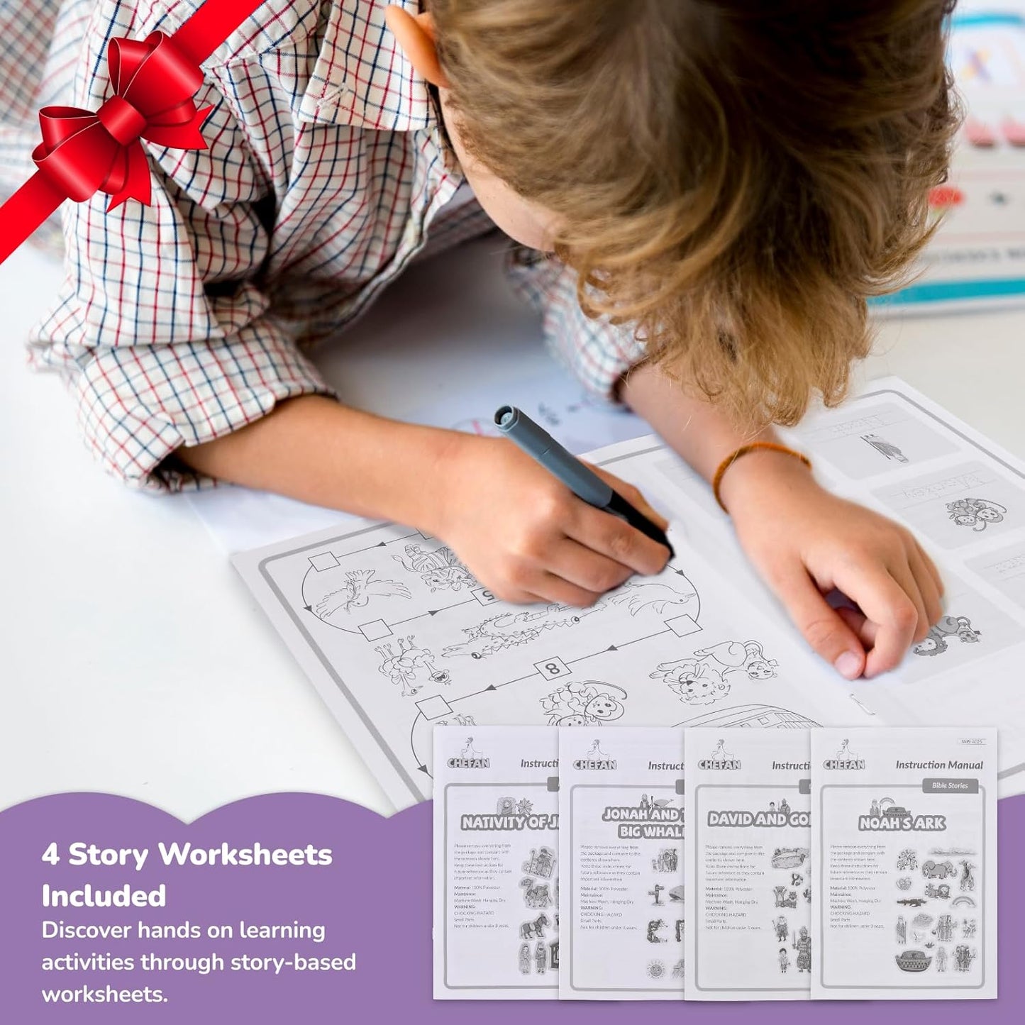 CHEFAN 4 Pack Felt Board Bible Stories Set, Flannel Board Stories Include Noah's Ark, Jonah and The Whale, David and Goliath, The Nativity of Jesus, 50 pcs Precut Flannel Graph Bible Toys for Kids