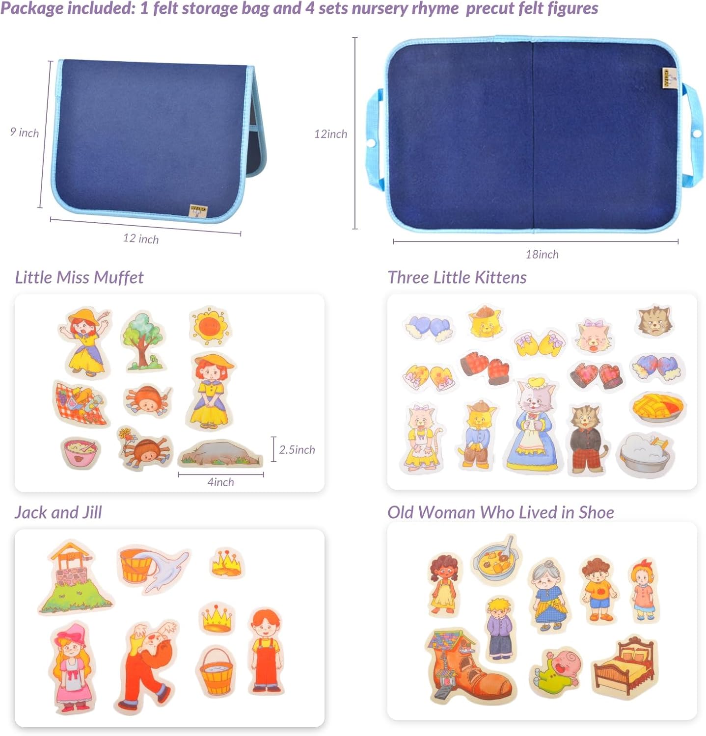 CHEFAN Felt/Flannel Board Story Set of 4,PRECUT Felt Pieces for Preschool Toddlers Circle Time,Three Little Kittens,Old Woman Who Lived in Shoe,Little Miss Muffet,Jack and Jill