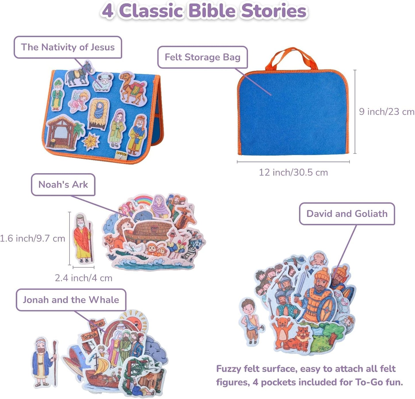 CHEFAN 4 Pack Felt Board Bible Stories Set, Flannel Board Stories Include Noah's Ark, Jonah and The Whale, David and Goliath, The Nativity of Jesus, 50 pcs Precut Flannel Graph Bible Toys for Kids