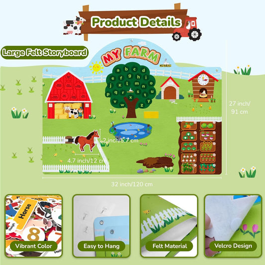 CHEFAN Farm Animals Felt Story Board Set, 3.9 Ft 99 Pcs Preschool Farmhouse Barnyard Theme Flannel Board Storytelling Early Learning, Interactive Wall Hanging Play Set for Toddlers Kids Children