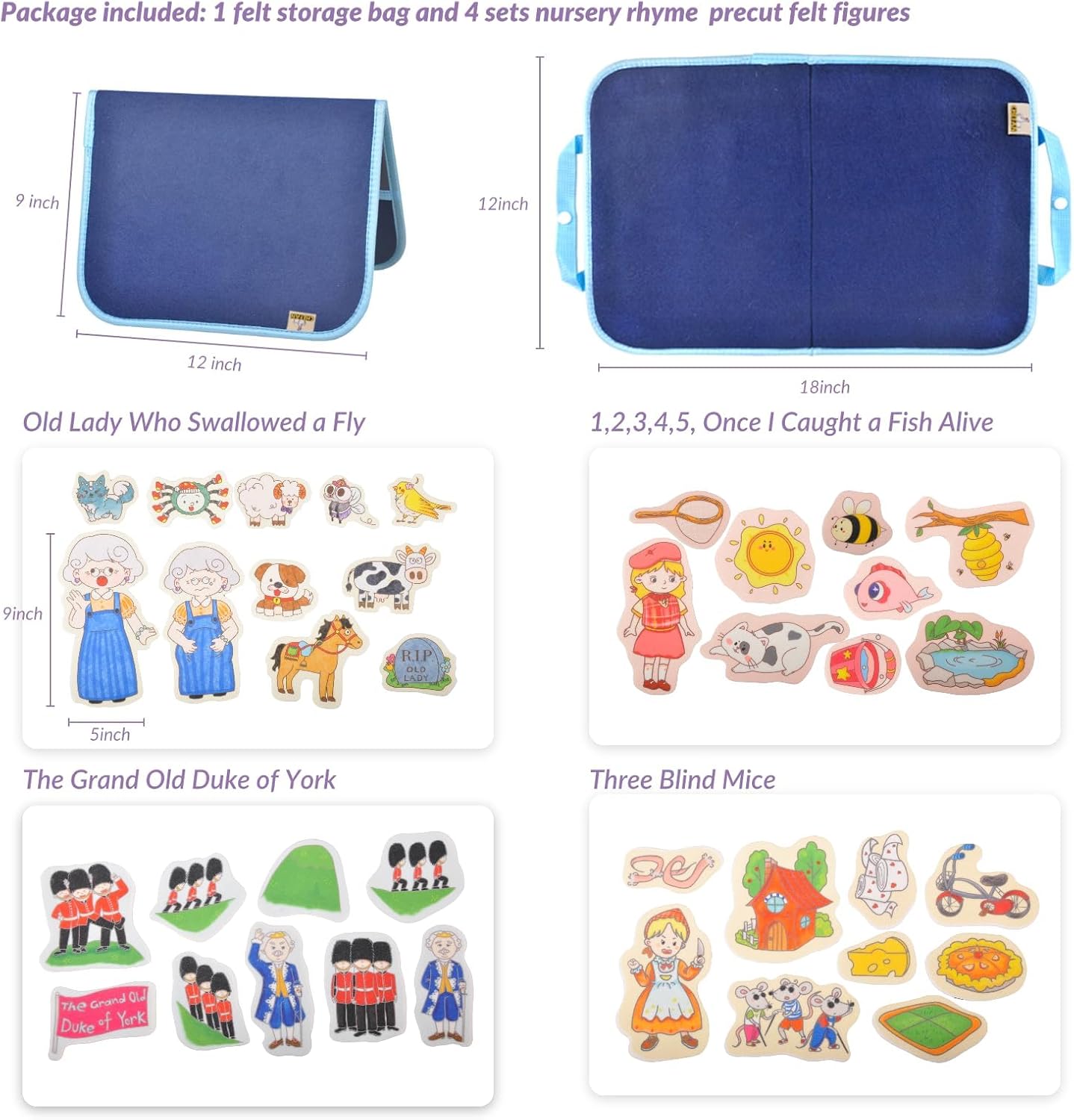 CHEFAN Felt/Flannel Board Story Set of 4, PRECUT Felt Pieces for Preschool Toddlers Circle Time,Old Lady Who Swallowed a Fly,The Grand Old Duke of York,Three Blind Mice