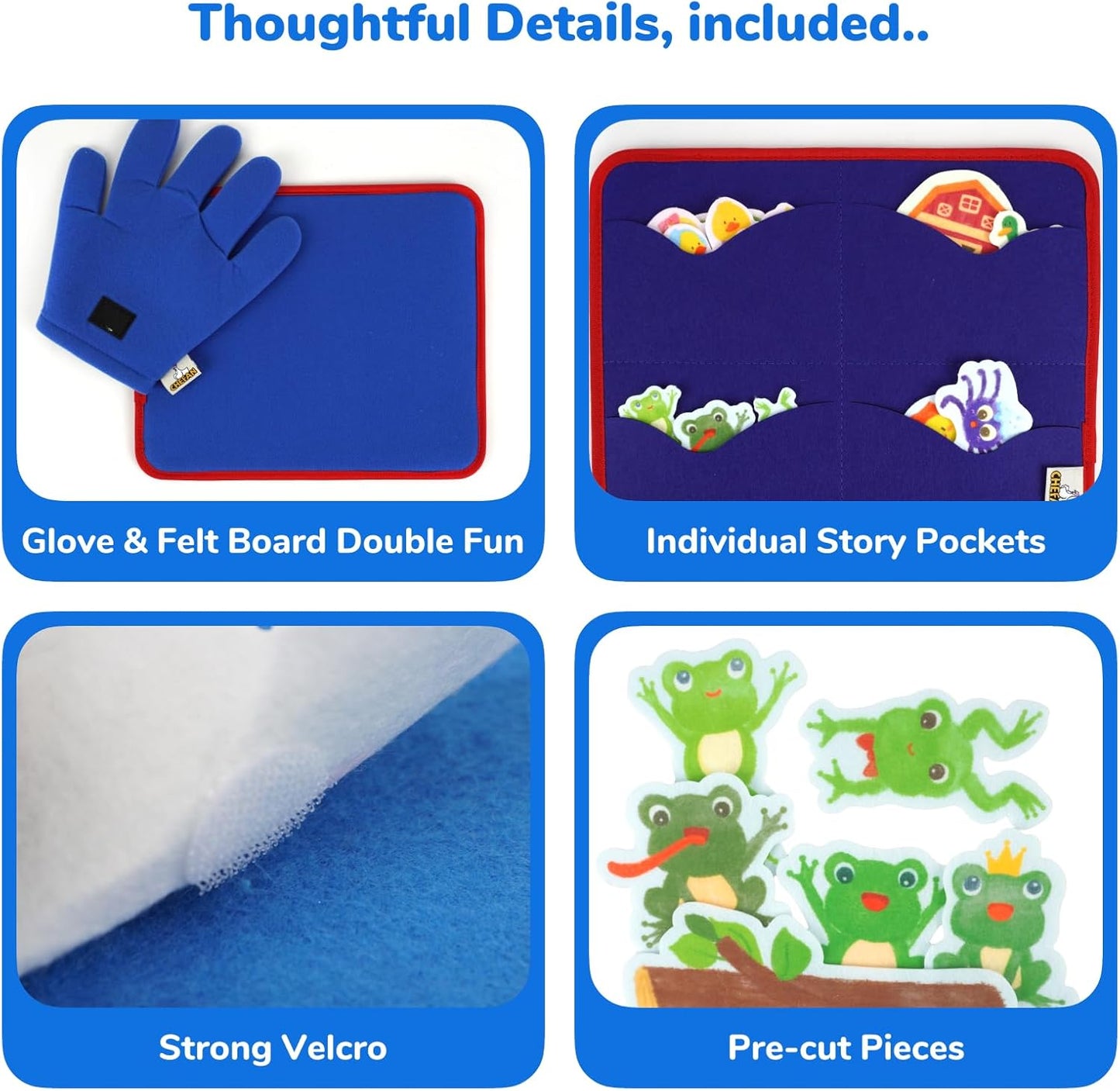 CHEFAN Felt Board for Toddlers, Finger Puppets Includes Itsy Bitsy Spider, 5 Little Ducks & More, Flannel Board for Preschool Learning Activities, Interactive Storytelling Set with Gloves (4 Sets)