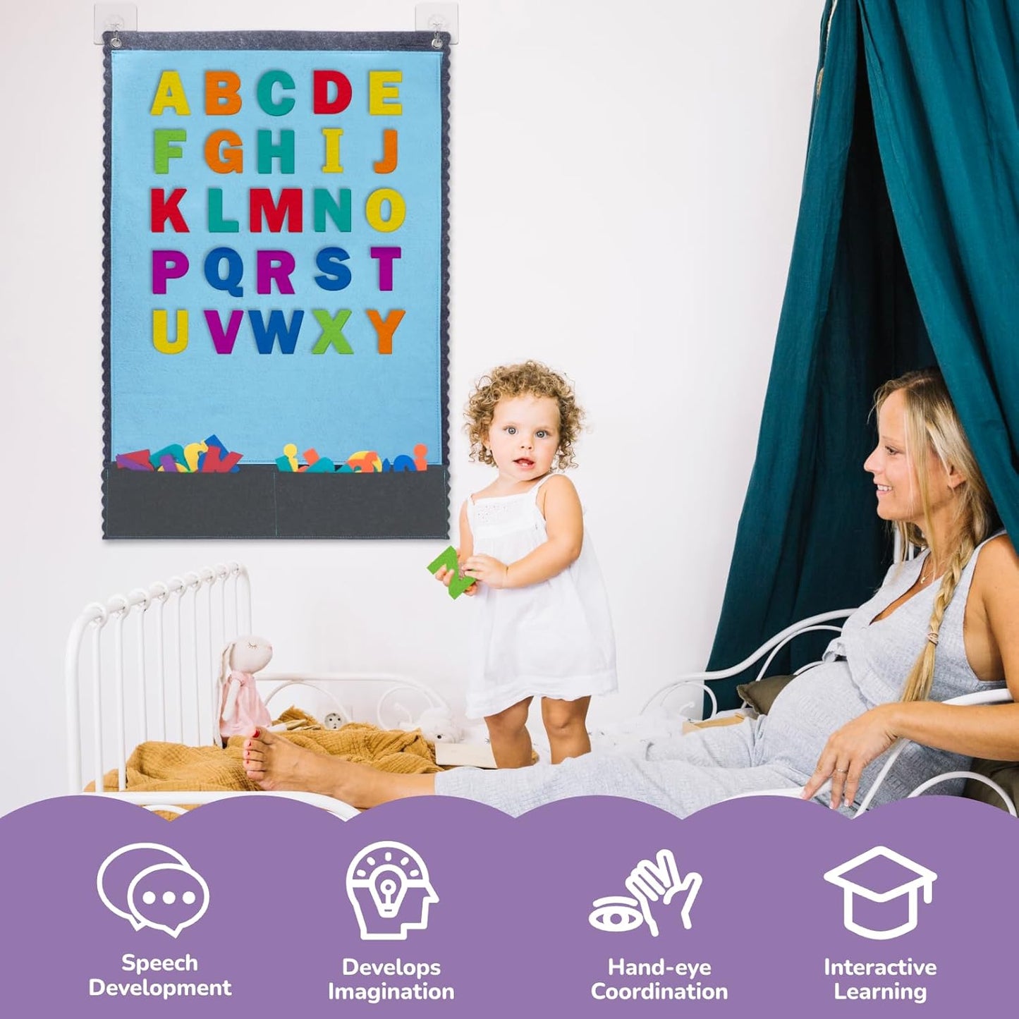 CHEFAN Felt Board with 104 Felt Letters for Toddlers Large Flannel Board for Wall, Felt Alphabet Learning Board with 2 Storage Pocket for Preschool Classroom and Daycare, 32 * 22 Inch, Blue