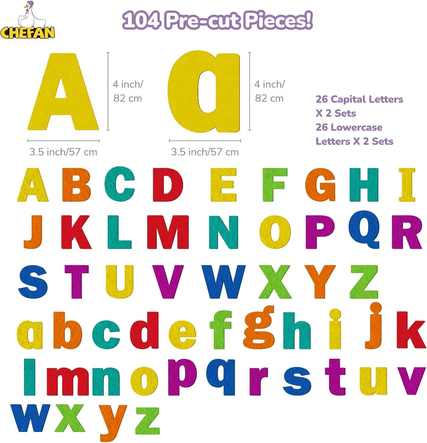 CHEFAN Felt Letters Alphabet for Kids, Felt Board Letter Pieces, Flannel Board Pieces, Precut Felt Story Pieces, 104 Pieces ABC Upper Lowercase Letters for Preschool Homeschool Learning