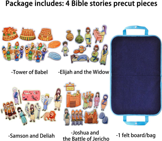 CHEFAN 4 Pack Felt Board Bible Stories Set, Flannel Board Stories Elijah and The Widow|Samson and Delilah|Joshua and The Battle of Jericho|Tower of Babel, Precut Flannel Graph Bible Toys for Kids…