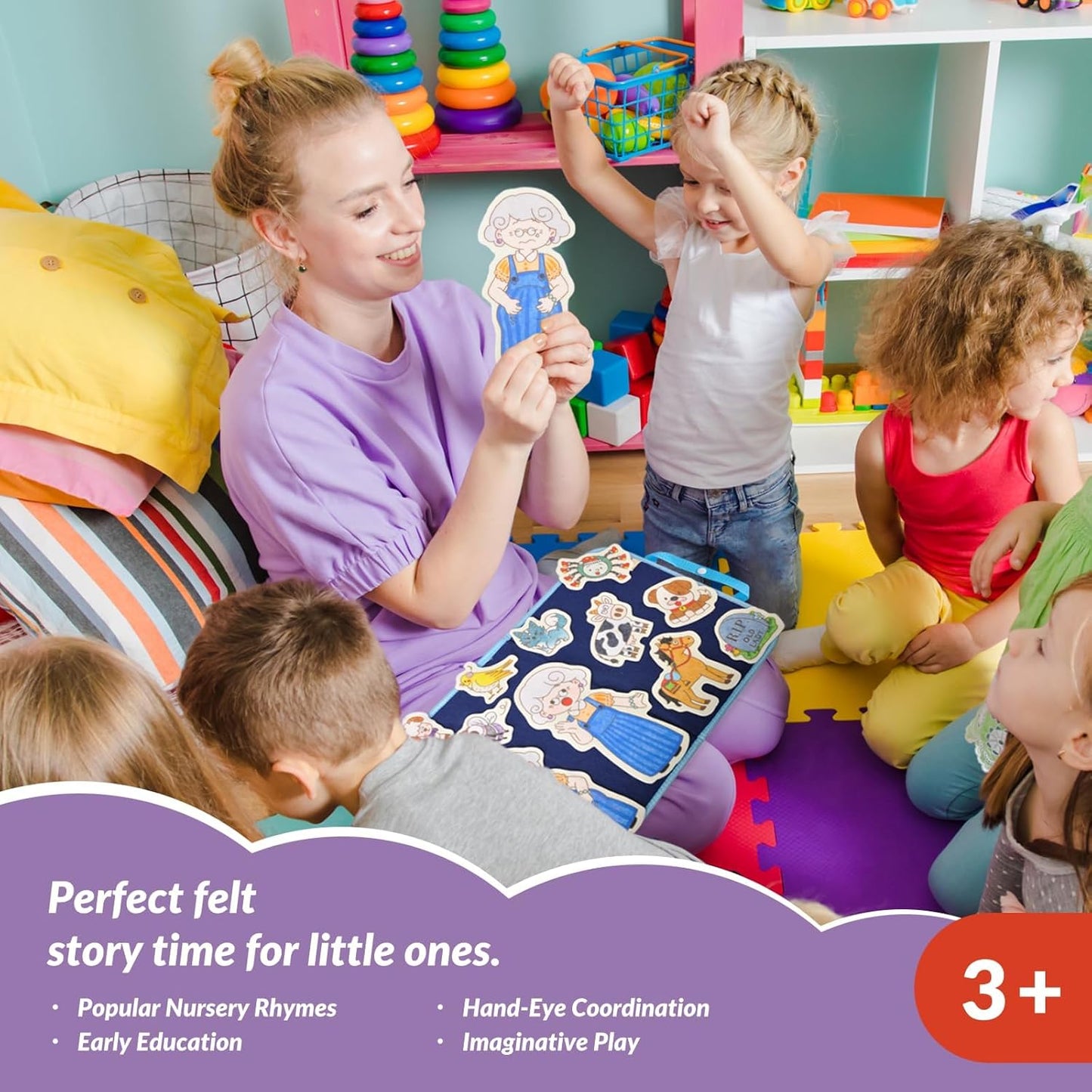 CHEFAN Felt/Flannel Board Story Set of 4, PRECUT Felt Pieces for Preschool Toddlers Circle Time,Old Lady Who Swallowed a Fly,The Grand Old Duke of York,Three Blind Mice