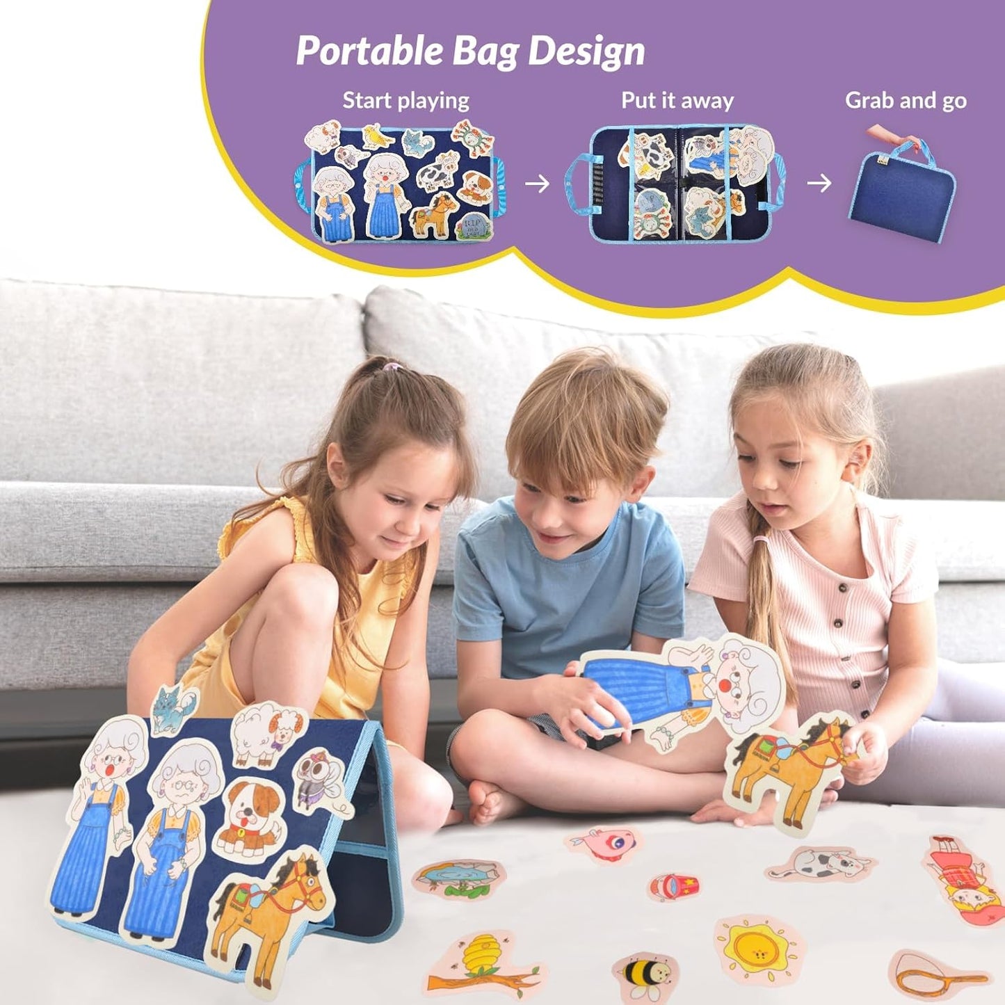 CHEFAN Felt/Flannel Board Story Set of 4, PRECUT Felt Pieces for Preschool Toddlers Circle Time,Old Lady Who Swallowed a Fly,The Grand Old Duke of York,Three Blind Mice