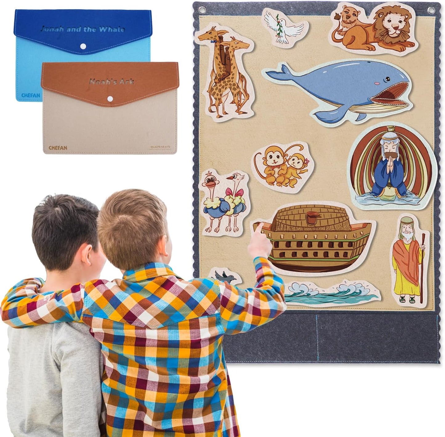 CHEFAN 2 Pack Felt Board Bible Stories Set, Flannel Felt Board for Toddler Include Noah's Ark, Jonah and The Whale, Felt Story Board Pieces for Preschool Activities