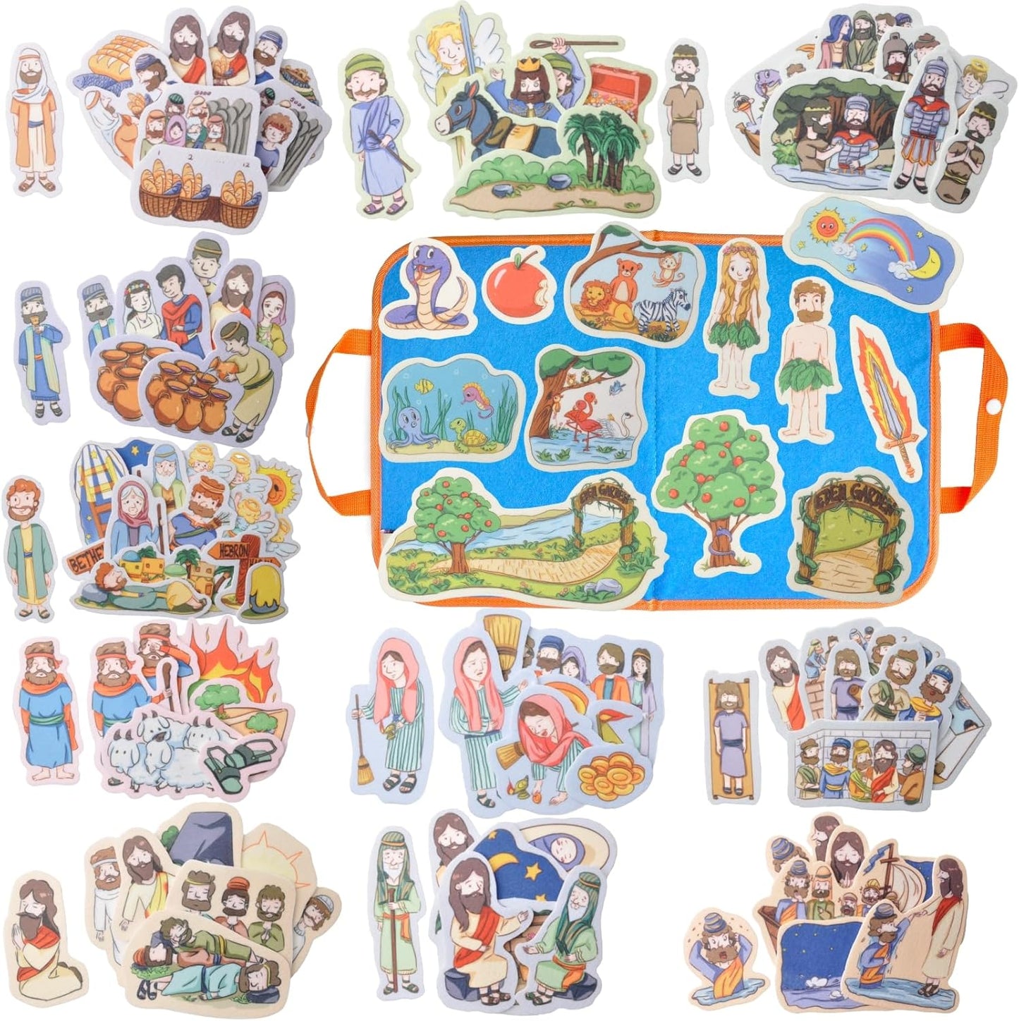 CHEFAN 12 Pack Felt Board Bible Stories Set,Flannel Board Stories with a Foldable Board for Preschool Activities,Included Adam&Eve,The Lost Coin and Jesus Turns Water into Wine
