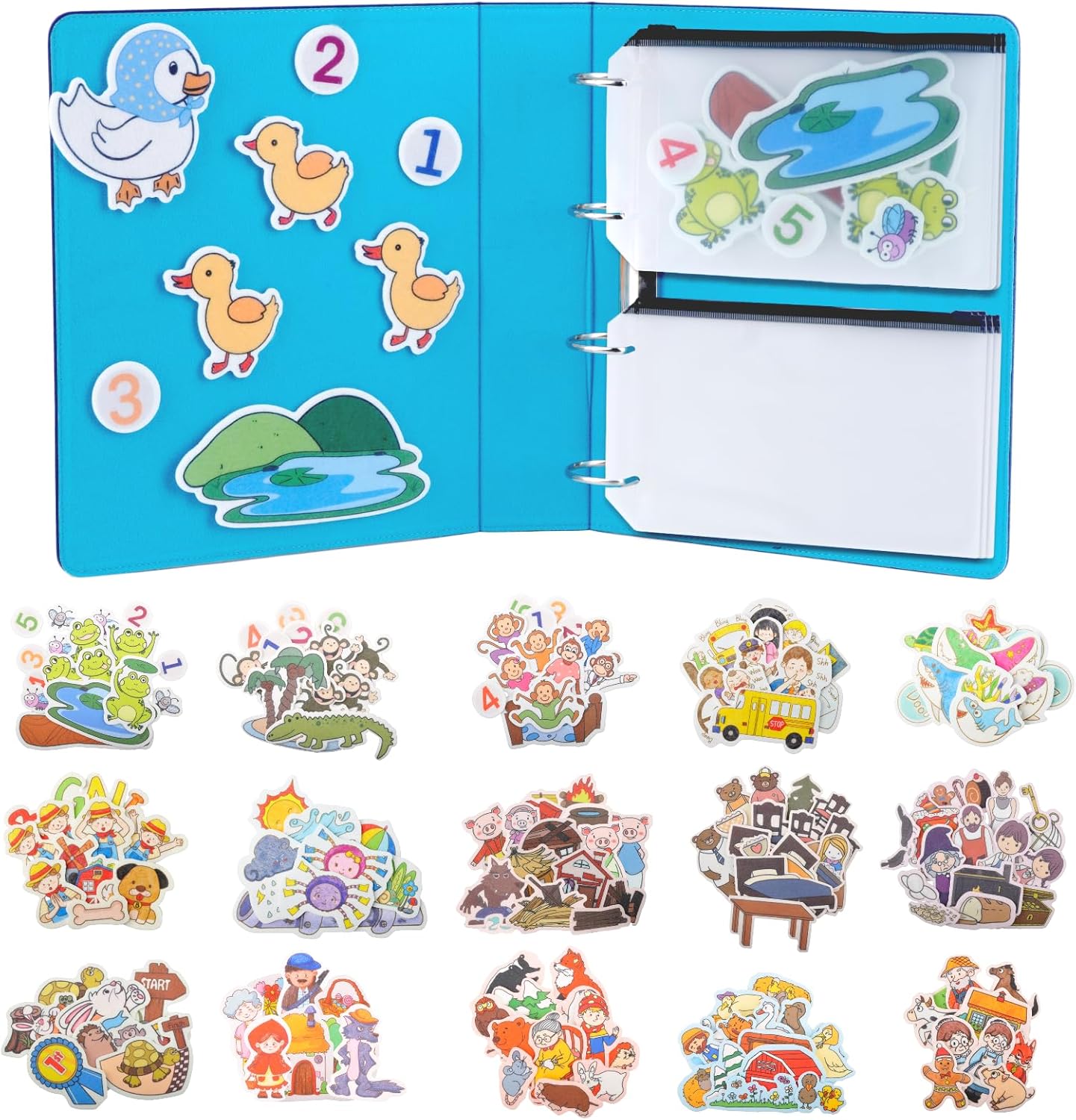 CHEFAN 16 Pack Felt Board Stories Set,Flannel Board Stories with a Felt Storage Binder for Preschool Activities,Included 5 Little Ducks,Wheels On Bus,Three Little Pigs and Little Red Riding Hood