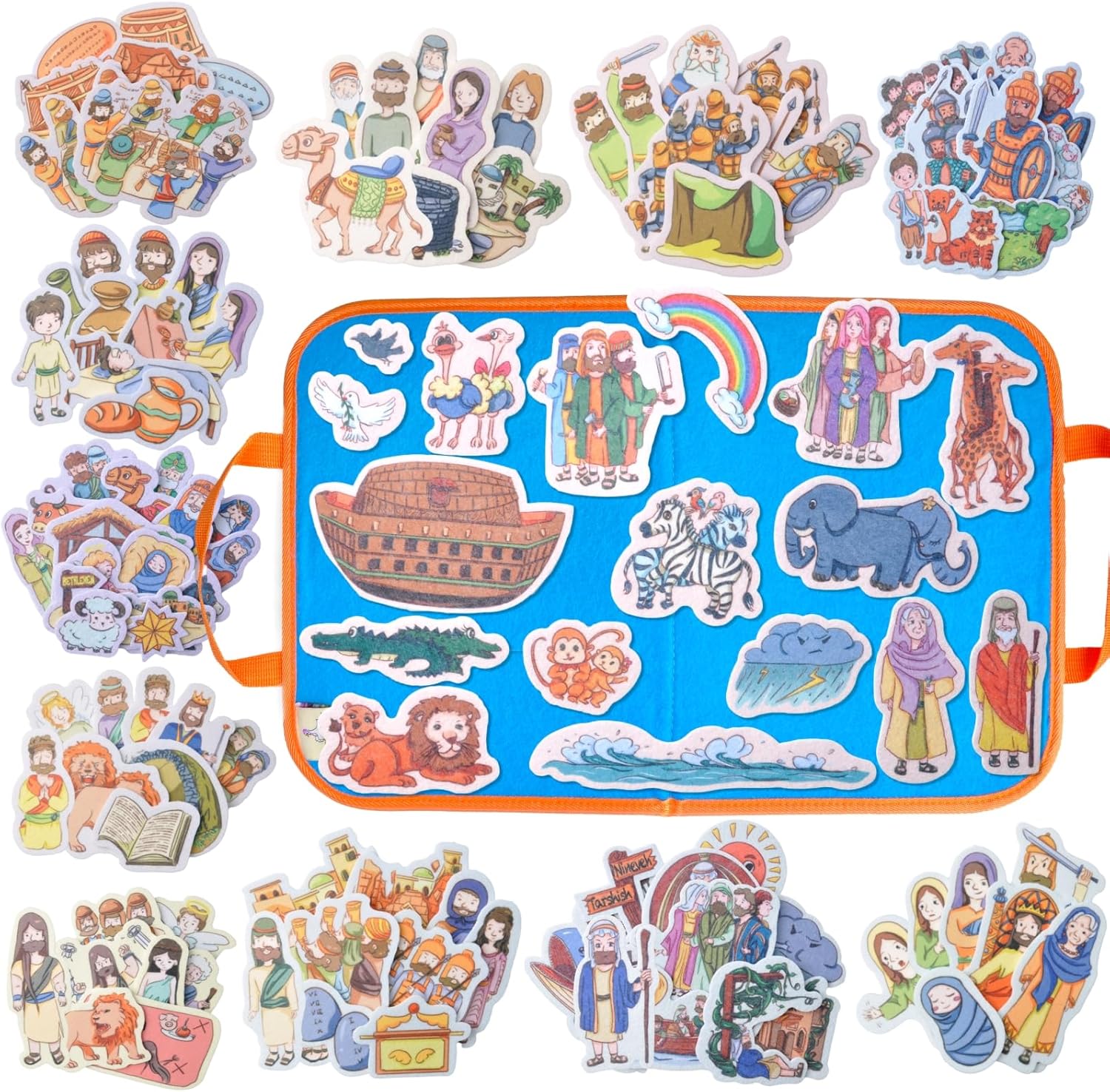 CHEFAN 12 Pack Felt Board Bible Stories Set,Flannel Board Stories with a Foldable Board for Preschool Activities,Included Noah's Ark,Elijah&The Widow and Wisdom of Solomon