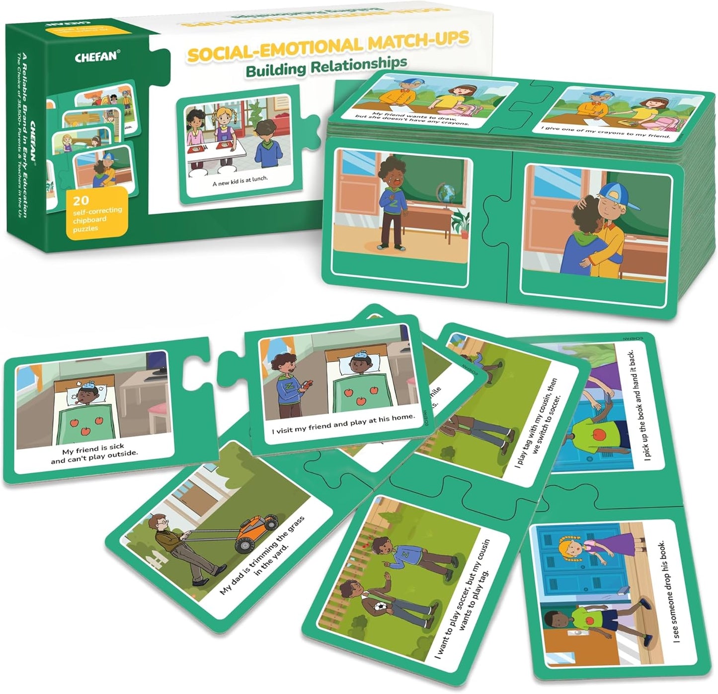 CHEFAN Social Emotional Learning Match-Up Puzzles, Building Relationships Game Set, 20 Self-Correcting Cards for Kids, Ages 3+