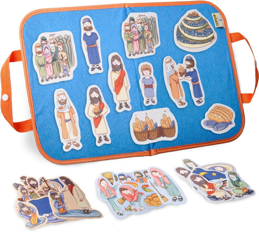 CHEFAN Felt/Flannel Board Story Set of 4, PRECUT Felt Pieces for Preschool Toddlers Circle Time,Bible Story,Feeding The 5000, Nicodemus, Jesus Walking on The Water, The Lost Coin