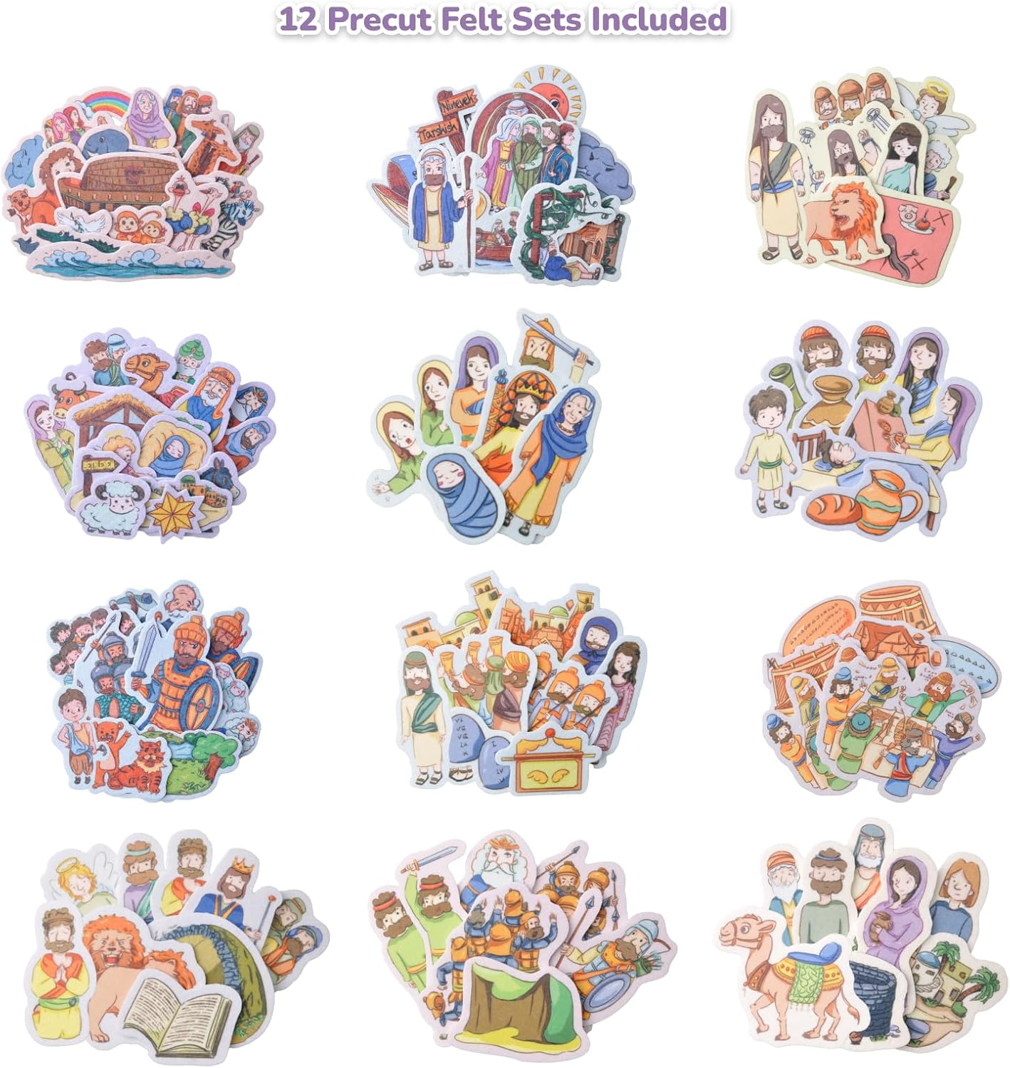 CHEFAN 12 Pack Felt Board Bible Stories Set,Flannel Board Stories with a Foldable Board for Preschool Activities,Included Noah's Ark,Elijah&The Widow and Wisdom of Solomon