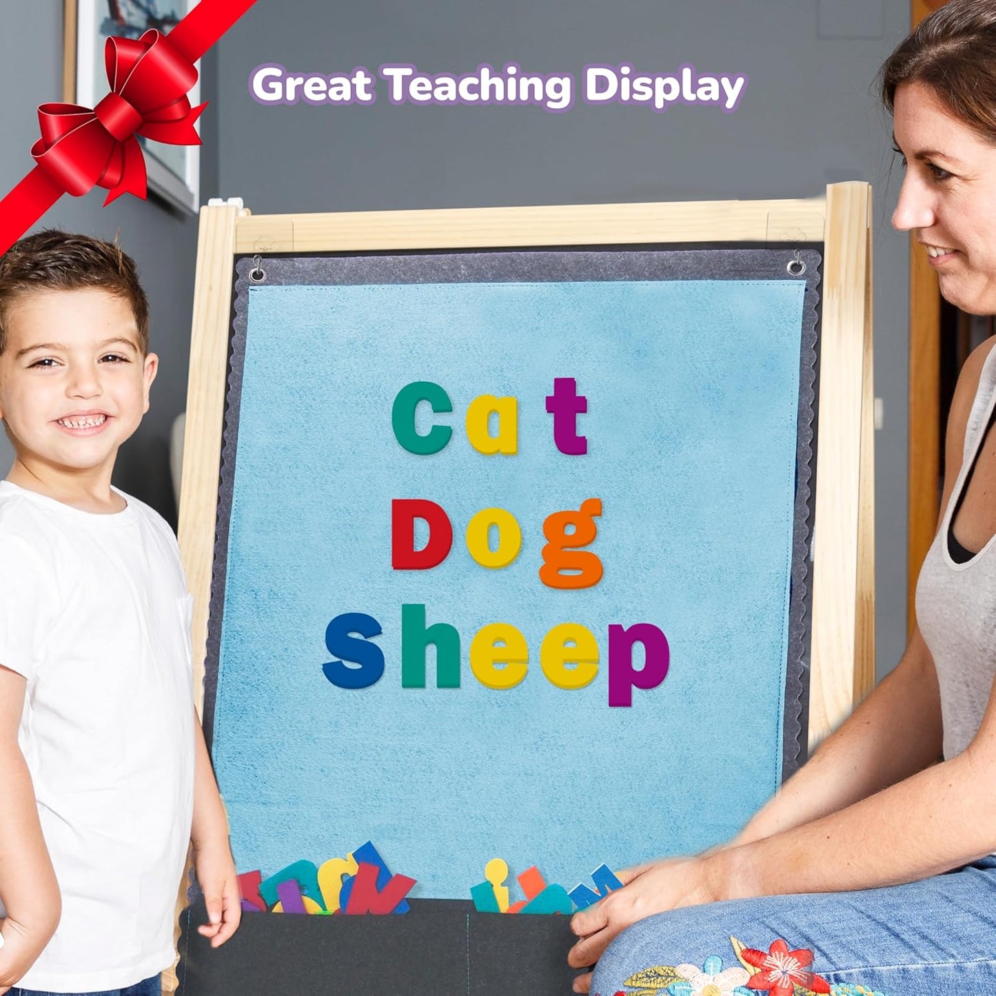 CHEFAN Felt Board with 104 Felt Letters for Toddlers Large Flannel Board for Wall, Felt Alphabet Learning Board with 2 Storage Pocket for Preschool Classroom and Daycare, 32 * 22 Inch, Blue