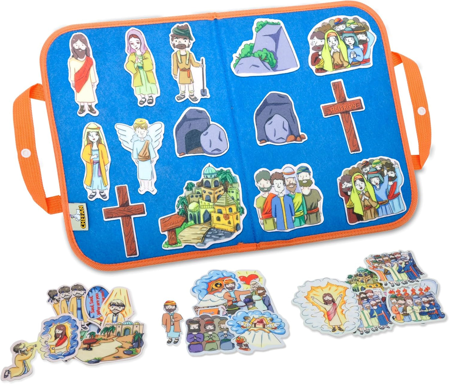 CHEFAN 4 Pack Felt Board Bible Stories Set, Flannel Board Stories, Nativity Flannel Graph Bible Toy for Kids, Include Jesus Resurrection, Ascension and Pentecost, Paul's Conversion, Prophet Isaiah
