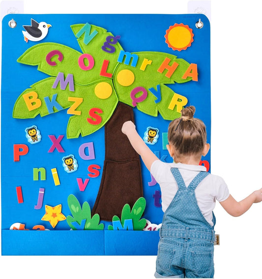 CHEFAN Felt Letter and Number Tree, Coconut Tree Alphabet Game, Felt Story Board Set for Early Education Storytelling, Felt Board for Wall Teaching Home Classroom Play