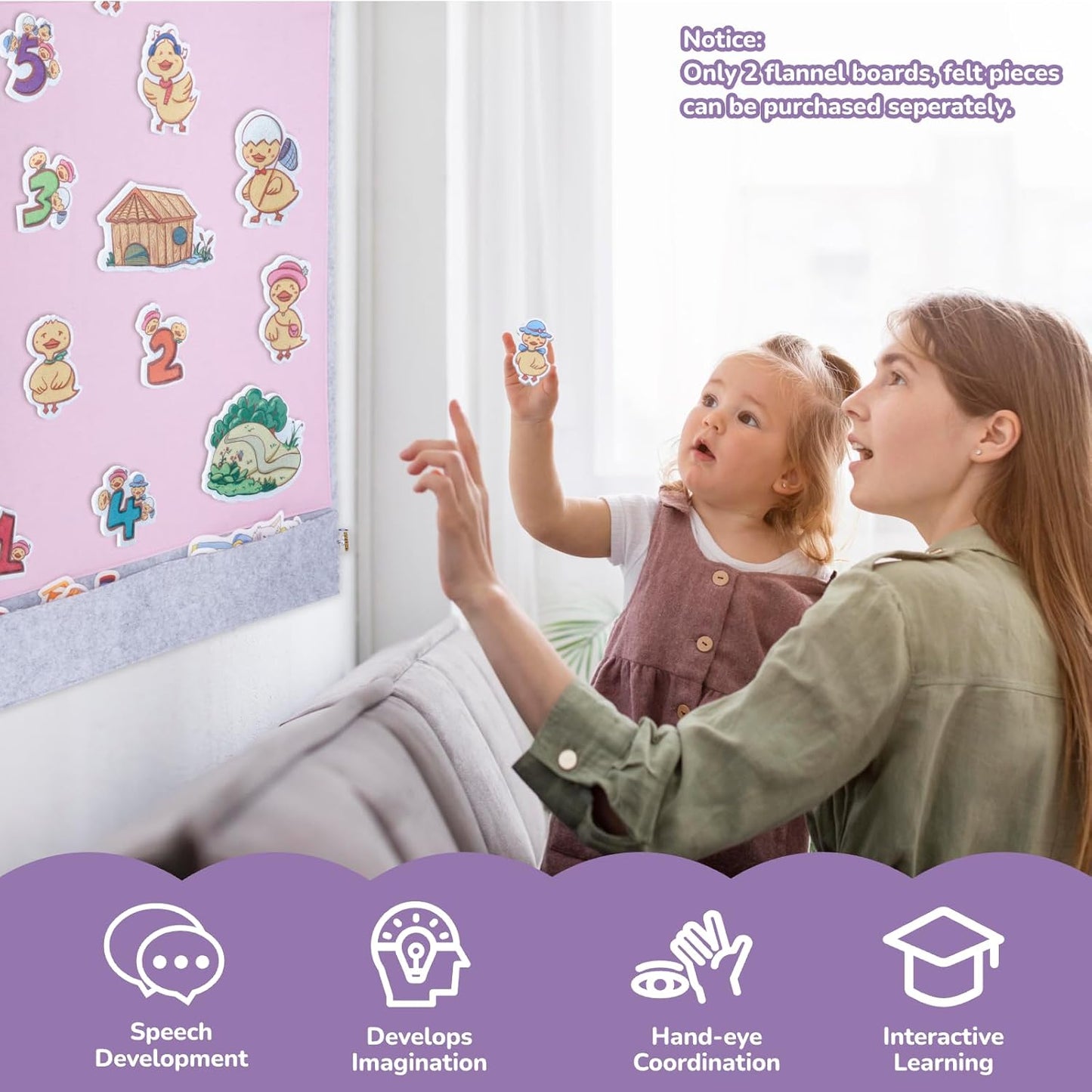 CHEFAN 2 PCS Felt Board for Toddlers Large Flannel Board for Wall, Felt Stories Learning Board with 2 Storage Pocket for Preschool Classroom and Daycare, 32 * 22 Inch, Pink and Purple