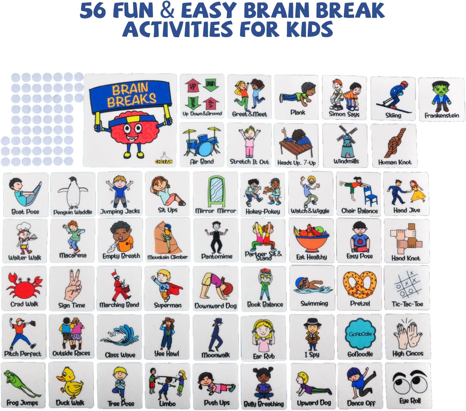 CHEFAN Classroom Brain Break Activities Board, Exercise Cards, Gym Learning Game for Kids Exercise, Physical Education Equipment, PE Cards for Play Kids Games, Recess Toys w/ 56 Ideas