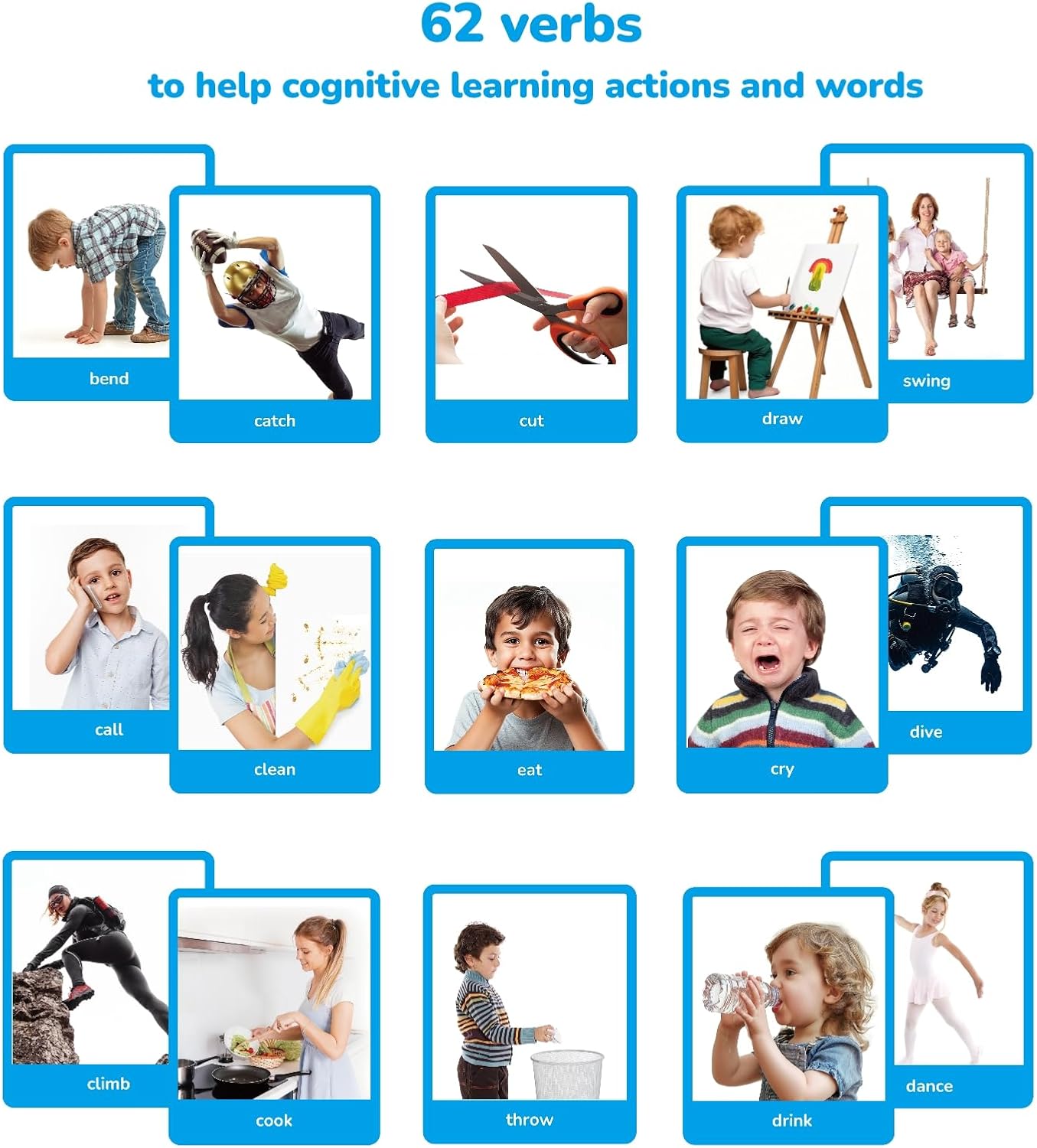 Vocabulary Builder Flash Cards, 62 Action Verbs Flash Cards for Kids and Adults, Educational Flash Cards for ESL Teaching Materials, Picture Cards for Speech Therapy and Home Schooling