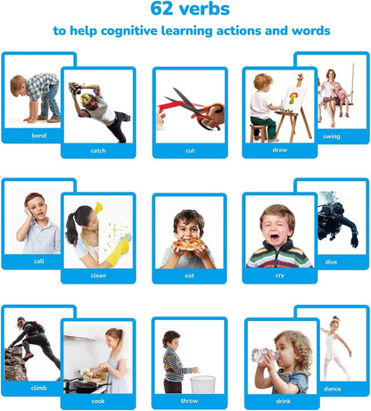Vocabulary Builder Flash Cards, 62 Action Verbs Flash Cards for Kids and Adults, Educational Flash Cards for ESL Teaching Materials, Picture Cards for Speech Therapy and Home Schooling