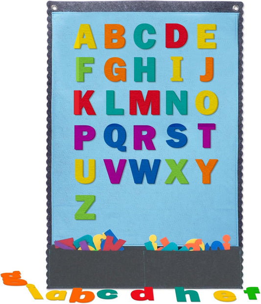 CHEFAN Felt Board with 104 Felt Letters for Toddlers Large Flannel Board for Wall, Felt Alphabet Learning Board with 2 Storage Pocket for Preschool Classroom and Daycare, 32 * 22 Inch, Blue