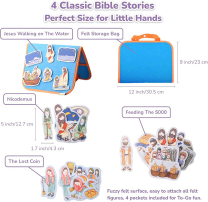 CHEFAN Felt/Flannel Board Story Set of 4, PRECUT Felt Pieces for Preschool Toddlers Circle Time,Bible Story,Feeding The 5000, Nicodemus, Jesus Walking on The Water, The Lost Coin