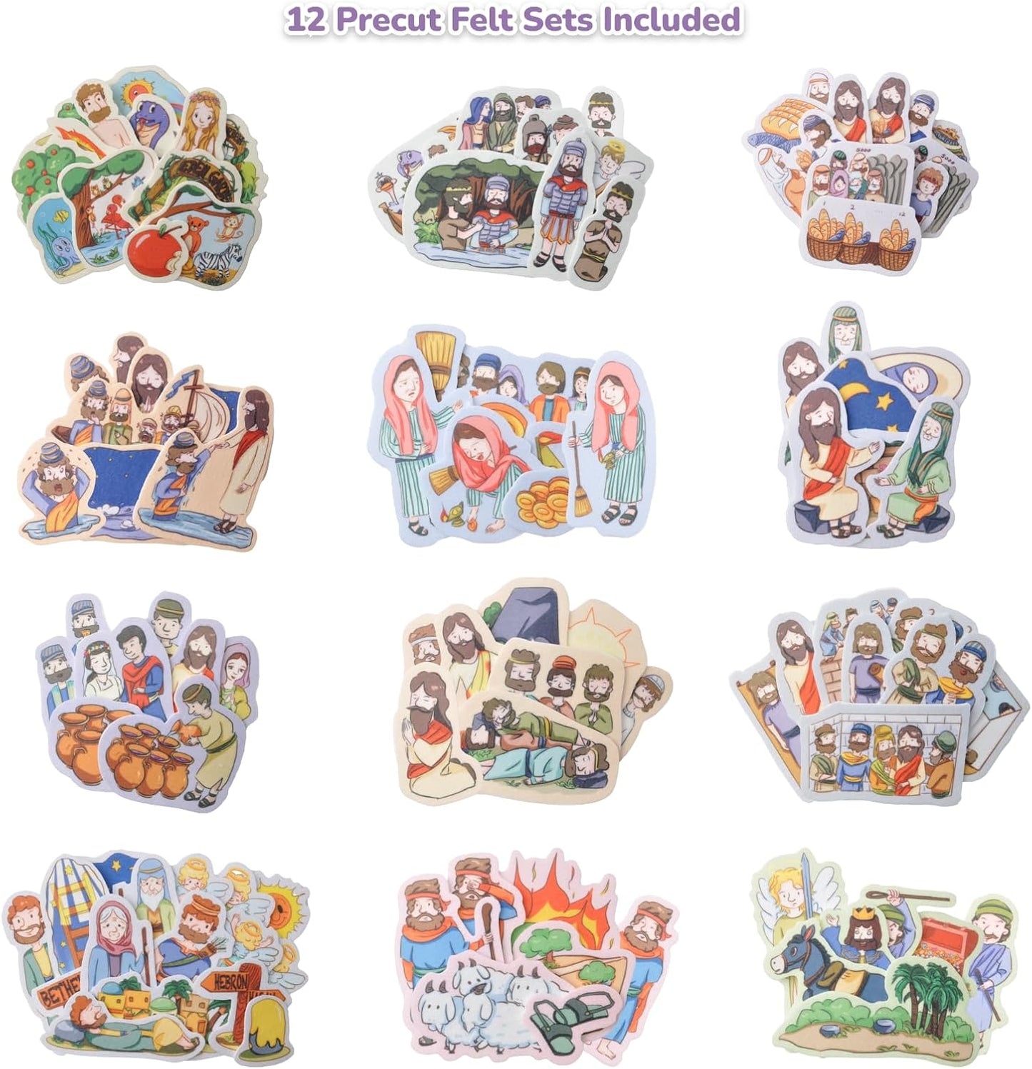 CHEFAN 12 Pack Felt Board Bible Stories Set,Flannel Board Stories with a Foldable Board for Preschool Activities,Included Adam&Eve,The Lost Coin and Jesus Turns Water into Wine