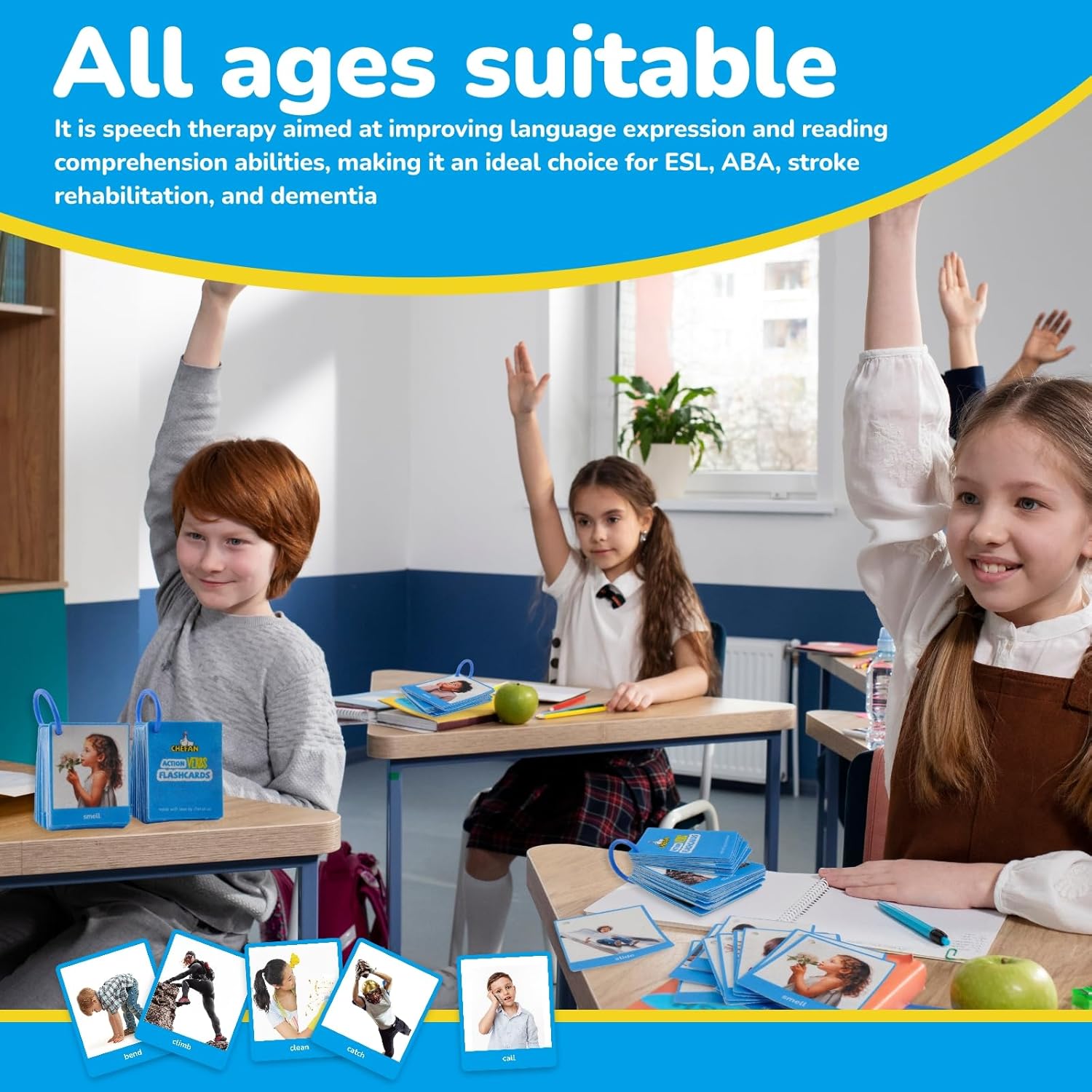 Vocabulary Builder Flash Cards, 62 Action Verbs Flash Cards for Kids and Adults, Educational Flash Cards for ESL Teaching Materials, Picture Cards for Speech Therapy and Home Schooling
