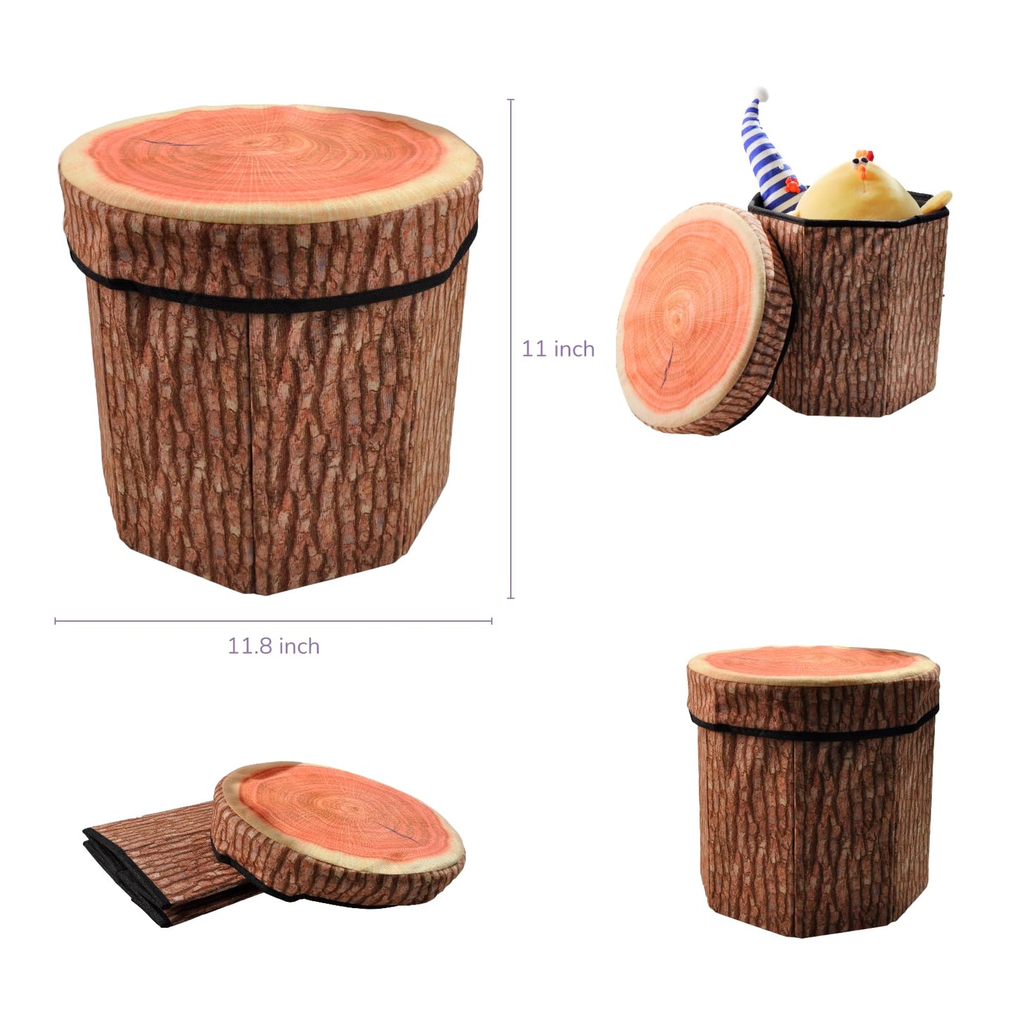 CHEFAN Fruit Storage Stool Ottoman,Tree Stump Stool, Cute Folding Storage Toy Box, Collapsible Storage Seat Chest, Wood Stump Organizer Stool for Toy