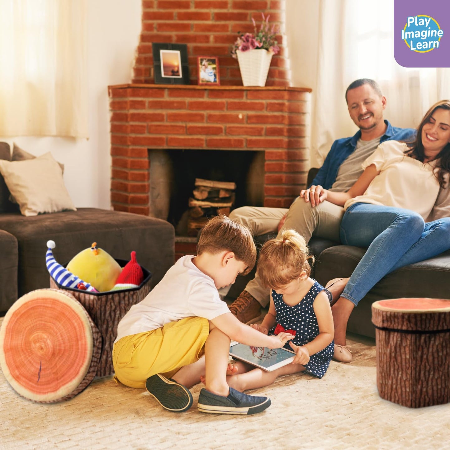 CHEFAN Fruit Storage Stool Ottoman,Tree Stump Stool, Cute Folding Storage Toy Box, Collapsible Storage Seat Chest, Wood Stump Organizer Stool for Toy