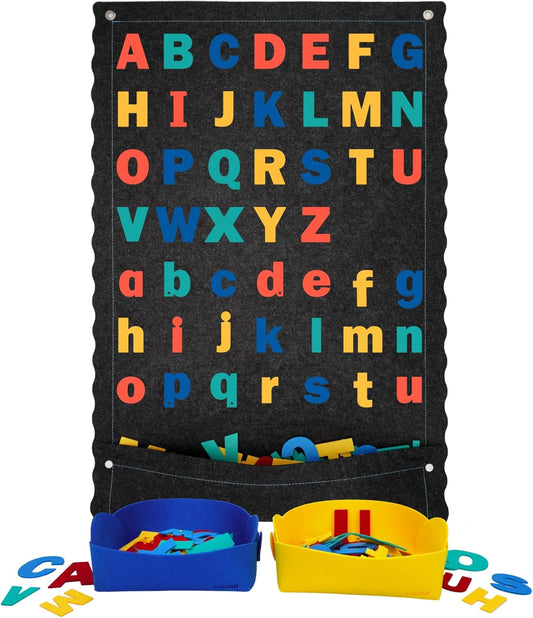 CHEFAN Felt Letter Board for Toddlers, 45''X25” Large Flannel Board for Wall, Uppercase & Lowercase Alphabet Letters (2 Sizes, 104 Letters), Preschool Early Literacy Learning