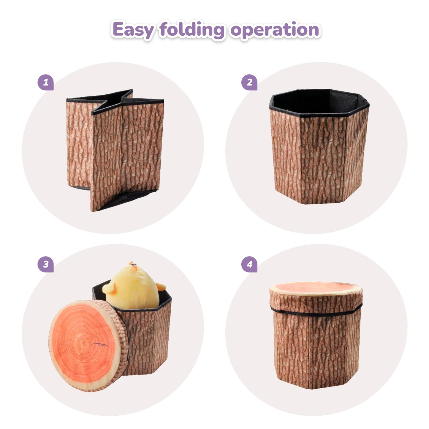 CHEFAN Fruit Storage Stool Ottoman,Tree Stump Stool, Cute Folding Storage Toy Box, Collapsible Storage Seat Chest, Wood Stump Organizer Stool for Toy