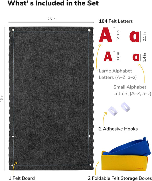 CHEFAN Felt Letter Board for Toddlers, 45''X25” Large Flannel Board for Wall, Uppercase & Lowercase Alphabet Letters (2 Sizes, 104 Letters), Preschool Early Literacy Learning
