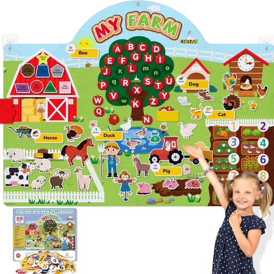 CHEFAN Farm Animals Felt Story Board Set, 3.9 Ft 99 Pcs Preschool Farmhouse Barnyard Theme Flannel Board Storytelling Early Learning, Interactive Wall Hanging Play Set for Toddlers Kids Children