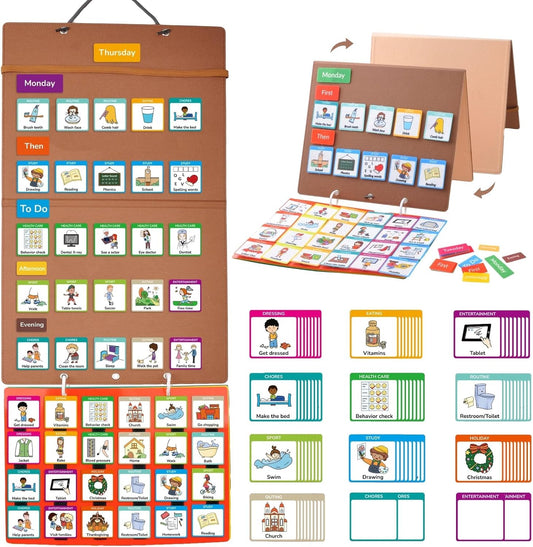 CHEFAN Visual Schedule for Kids Chore Chart, 3 in 1 Daily Schedule Board for Toddlers with 172 Cards, Morning Bedtime Routine Chart Communication Cards Autism Learning Materials for Home School