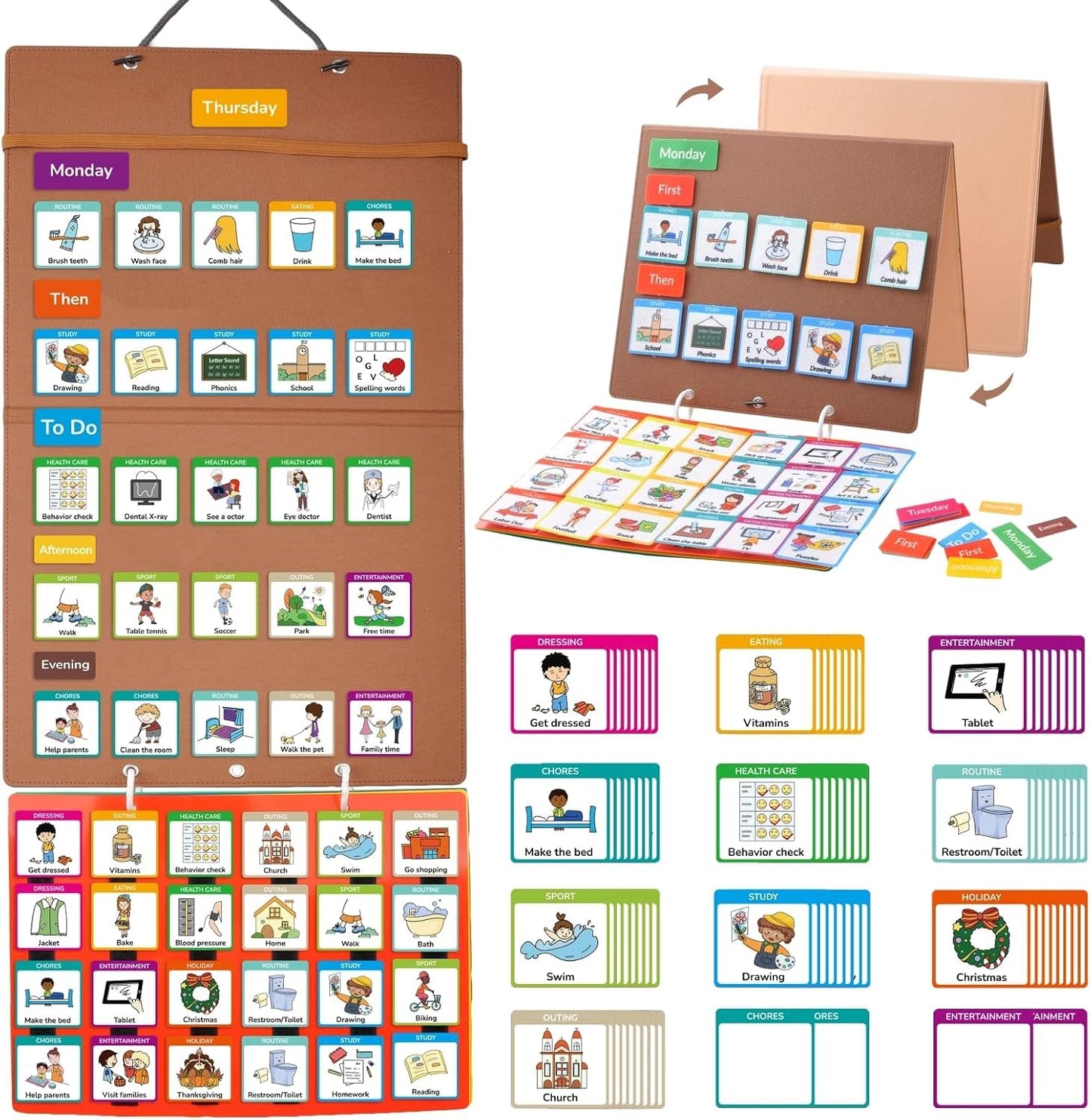 CHEFAN Visual Schedule for Kids Chore Chart, 3 in 1 Daily Schedule Board for Toddlers with 172 Cards, Morning Bedtime Routine Chart Communication Cards Autism Learning Materials for Home School
