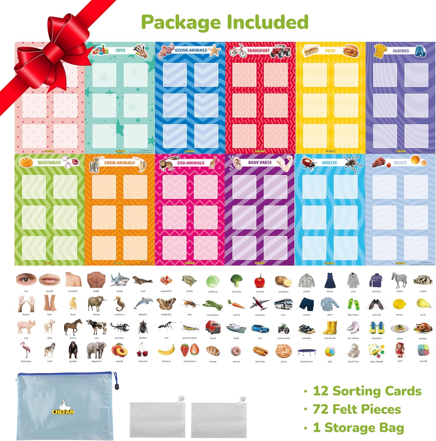 CHEFAN Sorting Toy for Toddlers, 12 Themes Learning Education Toys Sorting Games, Fine Motor Montessori Game Preschool Educational Learning Gift for Year Old Kids