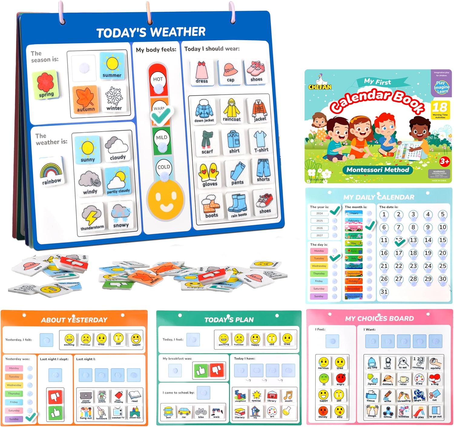 CHEFAN Kids Calendar for Learning,My First Daily Calendar for Kids,All About Today Board,Days of The Week Calendar for Kids,Preschool Classroom Calendar Circle Time Calendar-Today, Monthly and Weather